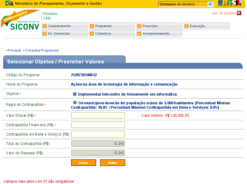 Figura 11 O sistema disponibilizará o Valor Global do programa, conforme Figura 12.