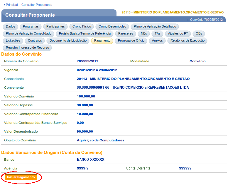 O sistema disponibilizará os dados do convênio e os dados bancários da Conta Convênio de Origem (Conta de Convênio) e o usuário deverá clicar no botão Iniciar Pagamento, conforme Figura 44.