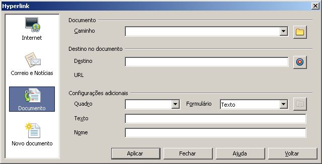 Na Internet Nesta tela aparecem os seguintes campos: Tipo de Vínculo: se a hiperligação é através da Internet, FTP ou Telnet; Destino: qual é o local onde será feita a hiperligação.