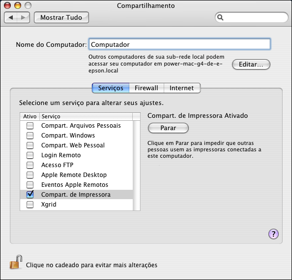 Configuração da impressora compartilhada Para compartilhar a Epson Stylus CX7700 com outros computadores Mac OS X na rede, proceda da seguinte forma para configurar o computador que está conectado