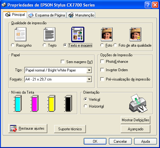 2. Selecione Definições da Impressora. Você verá esta janela: 3. Selecione as configurações padrão desejadas para todos os aplicativos e clique em OK.