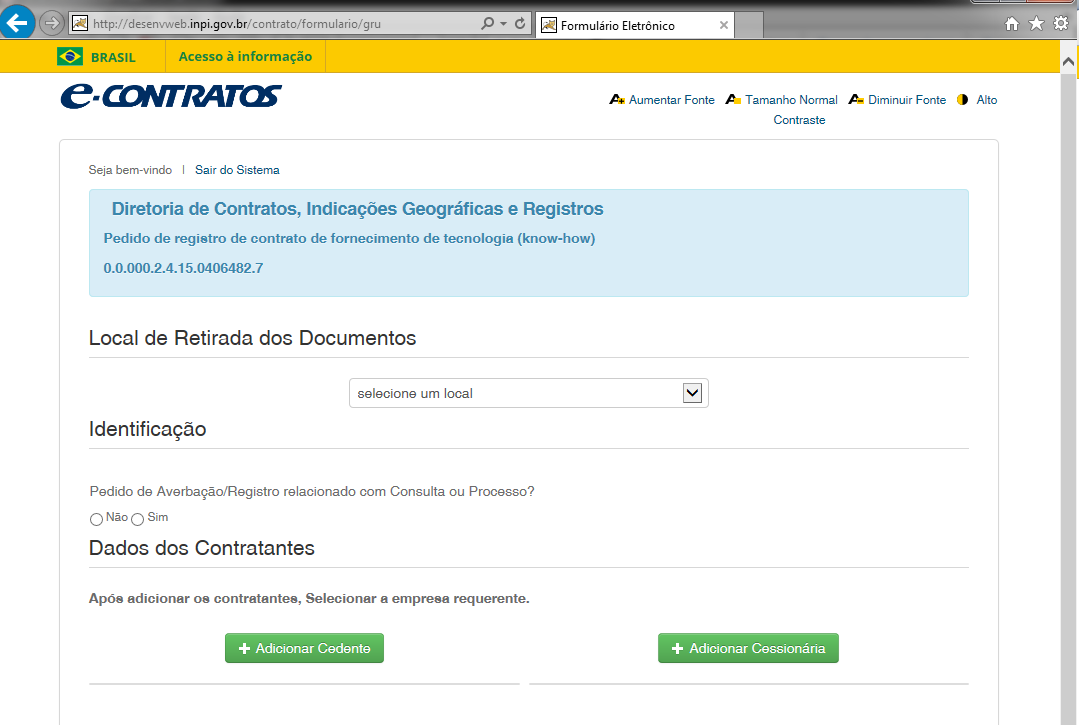 Ao inserir o número da GRU no campo apropriado, o usuário terá acesso ao formulário eletrônico de pedido de averbação de contrato de transferência de tecnologia e faturas e petições, que reproduzirá