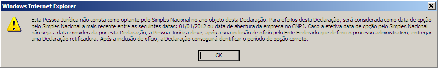 Caso seja não-optante ou optante pelo Simei no ano-calendário informado, o sistema vai considerar como data de opção a data de abertura constante no CNPJ ou 01/01/ano-calendário selecionado.