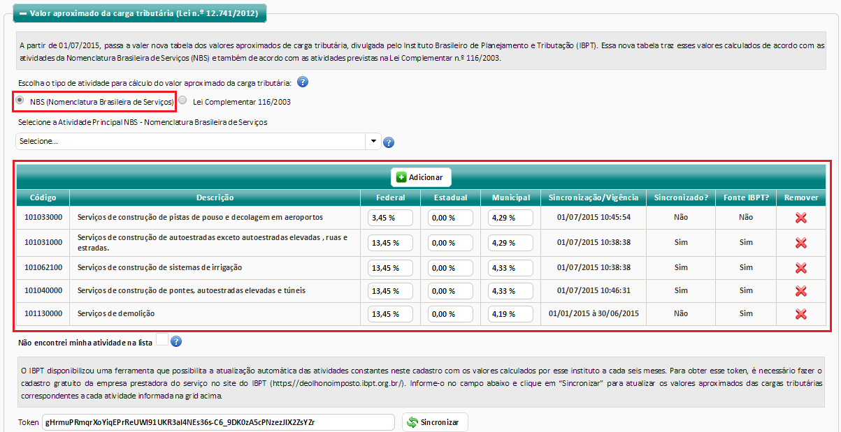 4 Caso esse contribuinte deseje cadastrar uma nova atividade NBS nessa seção, deve clicar no botão Adicionar (localizado na parte superior da grid) e, na janela popup que será aberta, pesquisar as