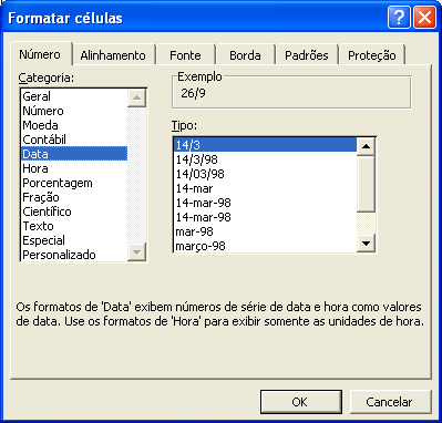 Tipos de formatos de data Texto explicativo da formatação da categoria Data Obs.: O formato de data brasileiro (Ex. 05/09/2009) não se encontra na lista de tipos da categorias Data.