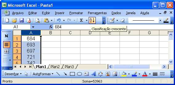 Passo 2: Selecione a coluna de A1 até A60 e na barra de ferramentas clique no ícone Classificação Crescente. Esta função colocará os valores em ordem crescente, ou seja, do menor para o maior.