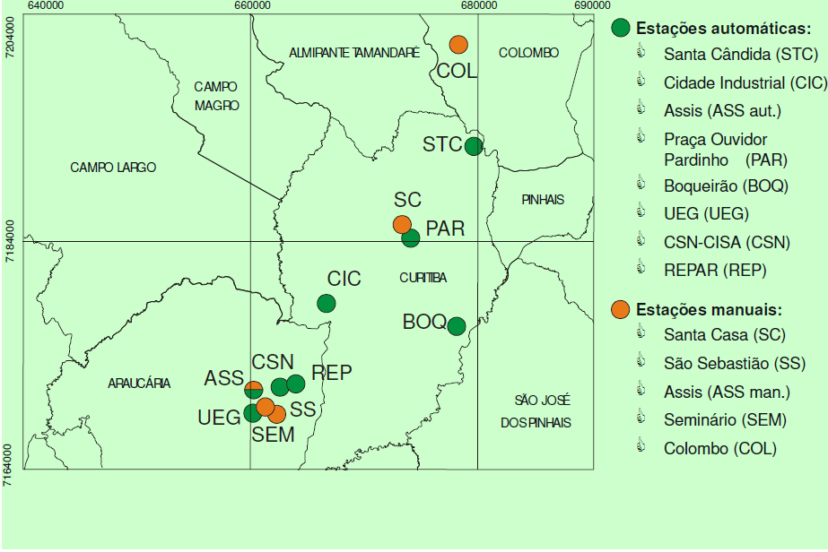 21 O 3, SO 2, NO, NO 2, CO, PTS e PI. Em Araucária estão localizadas quatro estações automáticas que analisam O 3, SO 2, NO, NO 2, CO e o PTS ou o PI.