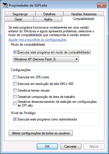 Clique na aba Compatibilidade Marque a opção Executar este programa em modo de compatibilidade, e selecione a opção Windows XP