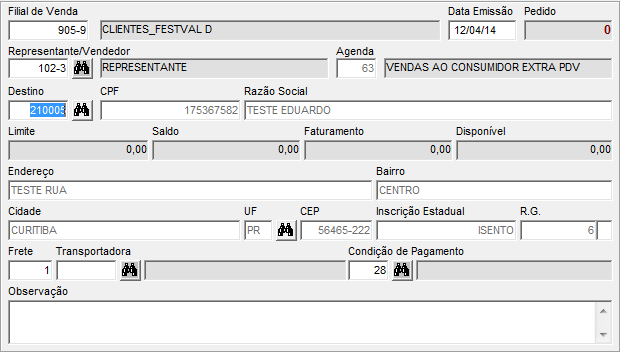 No Faturamento Online - VGFMFATU Realize o pedido de um produto 6 KT: Poderão ser utilizadas agendas de Venda e Transferência para produtos 6 KT.