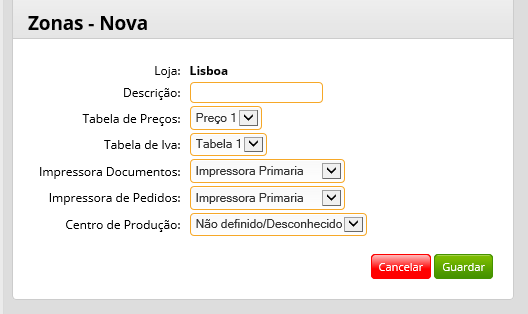 Adicionar Zonas Na Janela de Zonas (ver Capitulo anterior), selecione a Loja onde pretende adicionar nova Zona e clique no botão Adicionar e aparecerá o seguinte ecran: Descrição Escreva a descrição