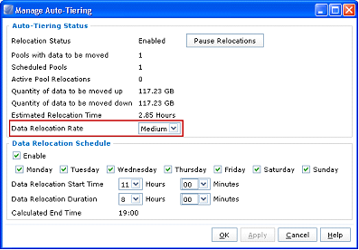 Você pode selecionar a realocação agendada no nível do pool no menu Auto- Tiering. Ela pode ser definida como Automatic ou Manual.