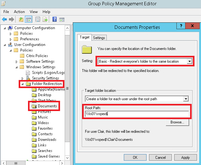 Figura 17. Configurando o redirecionamento de pastas do Windows Drives mapeados Crie duas configurações de drives mapeados uma para os arquivos do usuário e outra para os perfis do usuário.
