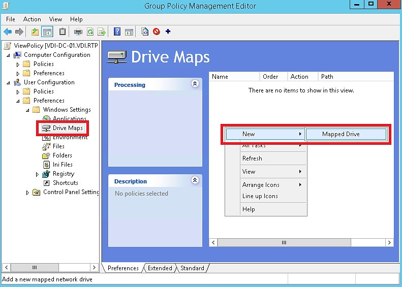 Figura 18. Como abrir a caixa de diálogo Mapped Drive Properties Para criar o drive mapeado de arquivos do usuário, siga estas etapas mostradas na Figura 19: a. Na lista Action, selecione Create. b.