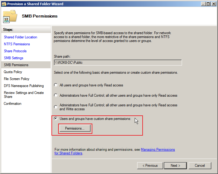Em SMB permissions selecione Users and Groups have a