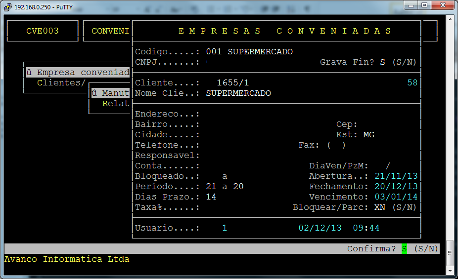 2 Cadastro Empresa Conveniada Aqui cadastraremos a Empresa que terá um convenio com a Loja selecionada.