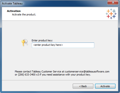Ativação da licença Para começar a usar o Tableau Server, você deve ativá-lo primeiro. Ao menos uma chave do produto é necessária.