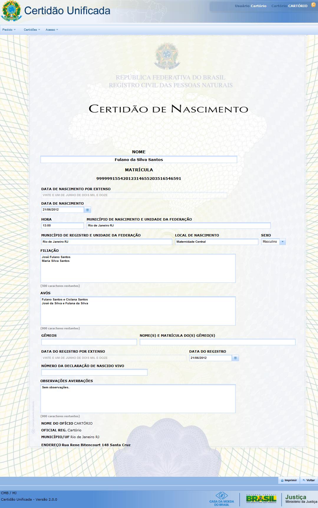 Figura 17: Imagem da tela do formulário da certidão de nascimento preenchida.