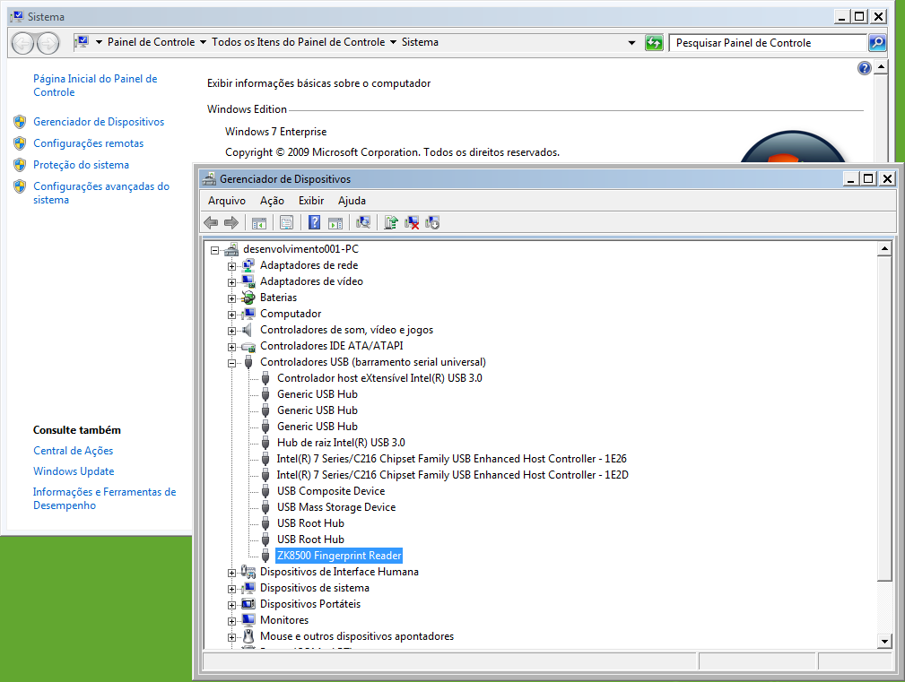 12. Clique em Gerenciador de Dispositivos; 13. No Gerenciamento de Dispositivos, observe o subitem Dispositivos Biométricos; 14. Este deve constar o ZK8500 Fingerprint Reader; 5.