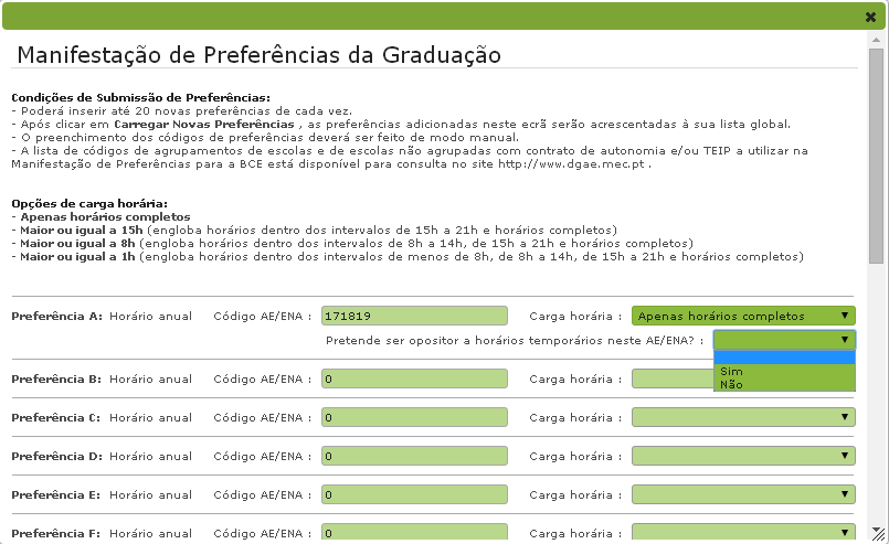 Em seguida, surgirá um ecrã onde o docente poderá indicar as suas preferências por código de agrupamento de escola/escola não agrupada, até ao máximo de 20 preferências de cada vez.