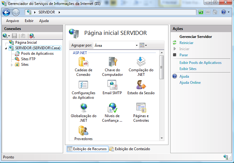 16 Clique no node Servidor (Servidor\Casa), onde Servidor corresponde ao nome do servidor onde está instalado o IIS 7.0, no meu caso meu servidor é o nome SERVIDOR.
