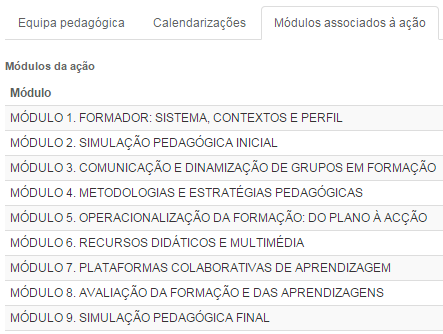 5.2.1.3. Módulos associados à ação Os módulos são automaticamente inseridos no separador módulos associados à ação. Figura 70 Separador: Módulos associados à ação 5.2.2. Submeter ações Notas: 1) A submissão da ação deve ser efetuada até 5 dias antes da data de início da ação.