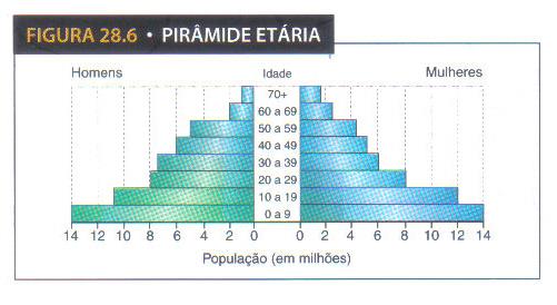 Principais elementos de uma pirâmide etária: Base população jovem; Corpo população adulta;