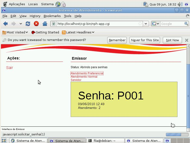 b) A tela do emissor de senhas manual é acessível através do endereço: http://localhost/emissor/ O usuário padrão é "emissor", com a senha "password".