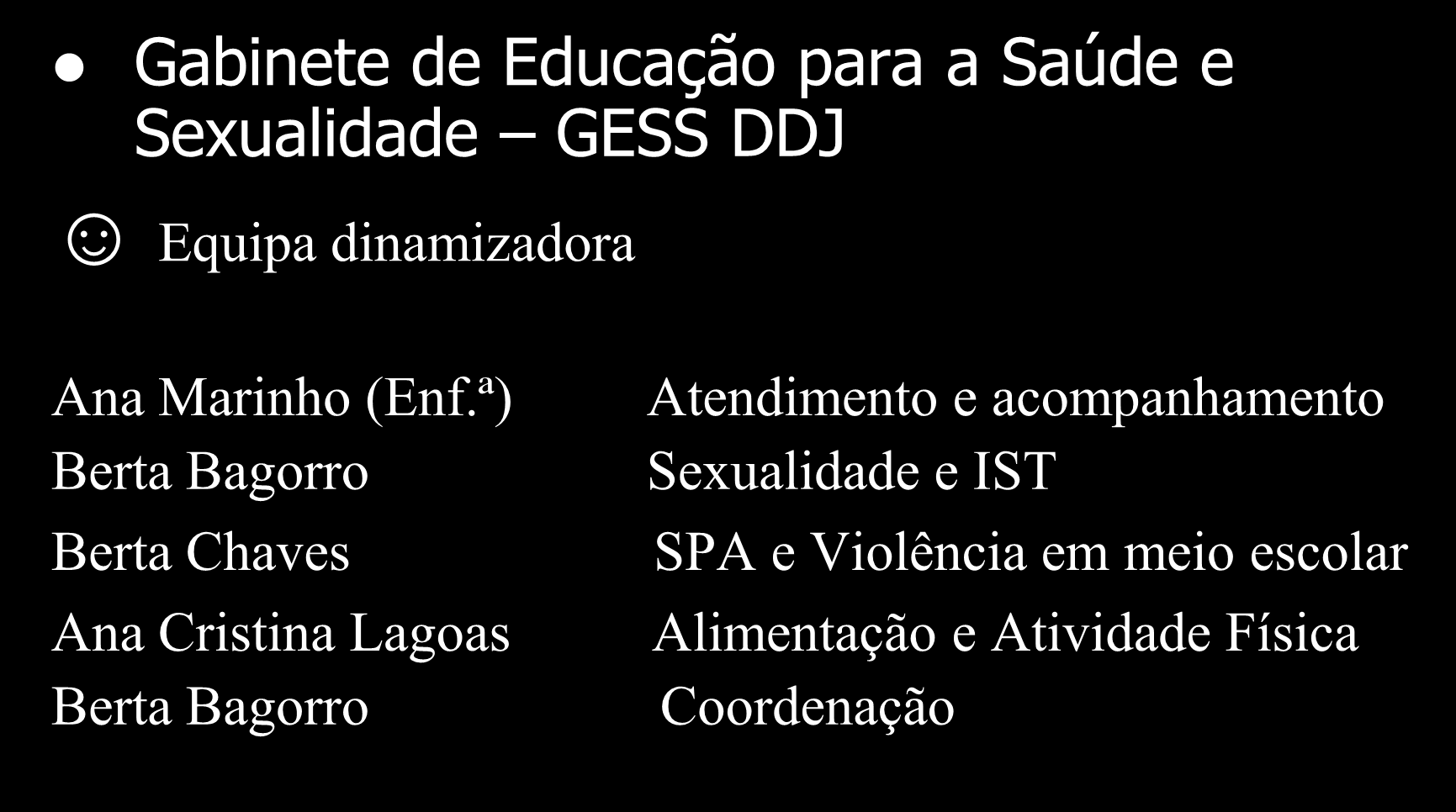 PROMOÇÃO E EDUCAÇÃO PARA A SAÚDE Gabinete de Educação para a Saúde e Sexualidade GESS DDJ Equipa dinamizadora Ana Marinho (Enf.