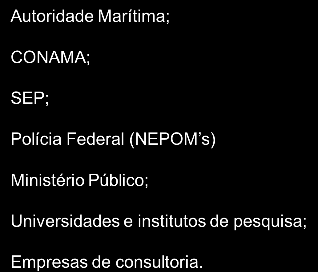 4 - Gestão Ambiental Portuária Instituições Envolvidas Autoridade Portuária; Agências reguladoras (ANTAQ, ANVISA); IBAMA e OEMAS; Ministério do Meio Ambiente (SQA - Programa para