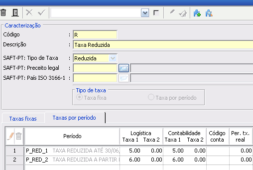 b) Associação do período de IVA à taxa Reduzida (R): 2. Seleccionar o código de Iva a associar o novo período de Iva R; 6.