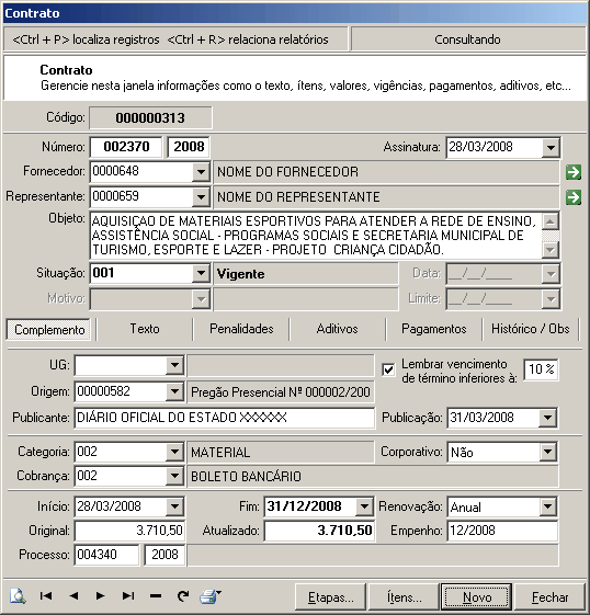 Geração Automática tica de Contratos: Nesta tela poderemos gerar o Contrato da Licitação encaminhado para o Contrato de forma automática, assim evitando redigitação e agilizando os trabalhos no