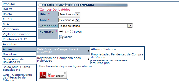 2.10. Aftosa Neste módulo estão disponíveis os relatórios Sintético de Campanha até Maio/2007 e após Maio/2007.