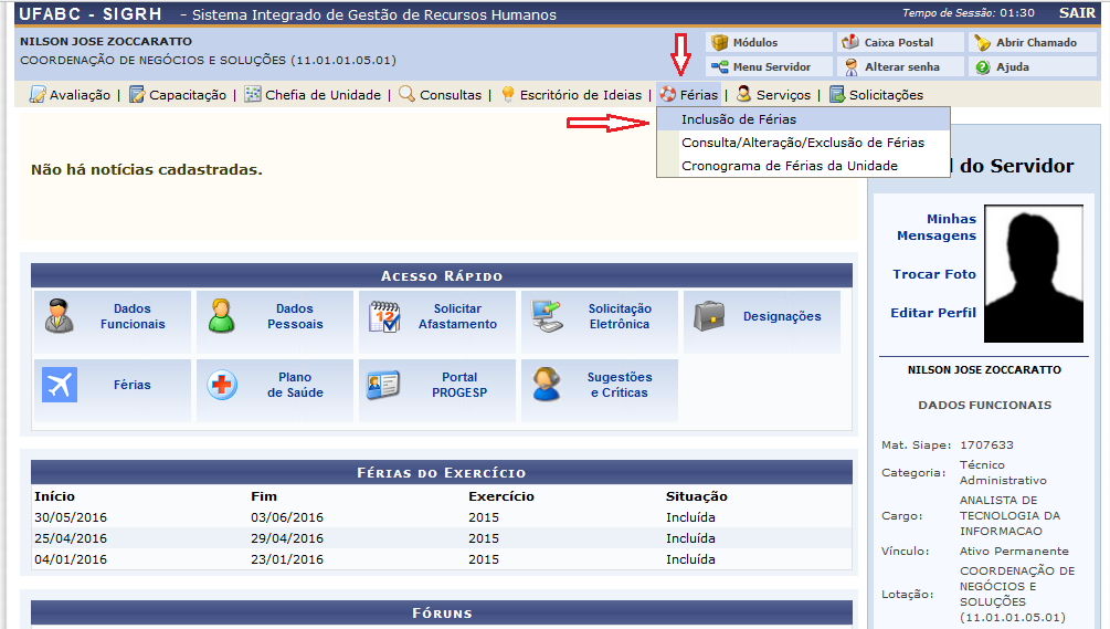 5- Selecionando a operação Inclusão de Férias Na tela do Portal do Servidor, escolha a aba Férias