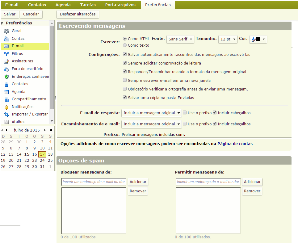 Figura 26 Preferências de Escrita e Opções de Spam A Figura 26, demonstra configurações sobre escrita e envio, nessas