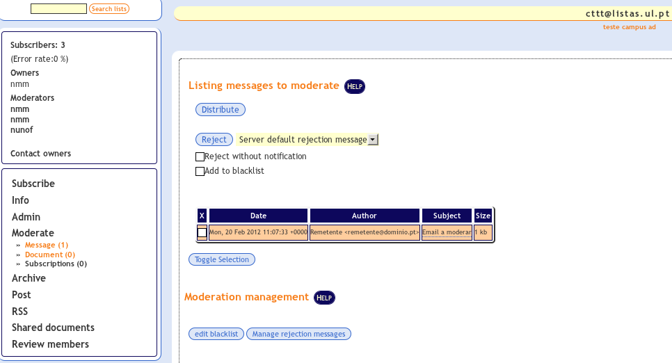 vai para uma página semelhante a: Para rejeitar a mensagem: a. começar por clicar na check-box à esquerda da mensagem b.