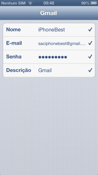 No campo Senha digite a senha correspondente a conta Gmail no campo anterior. Último campo Descrição caso não preencha automaticamente digite Gmail.