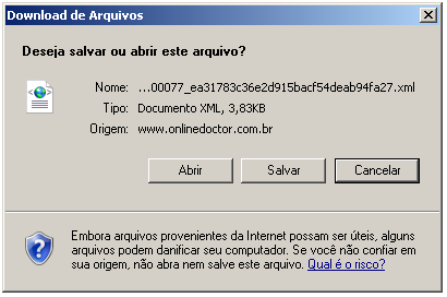 Em seguida, irá aparecer a tela pedindo que se salve o Arquivo XML sem alterar o nome. Salve em seu computador para que possa fazer o envio do arquivo para a operadora.