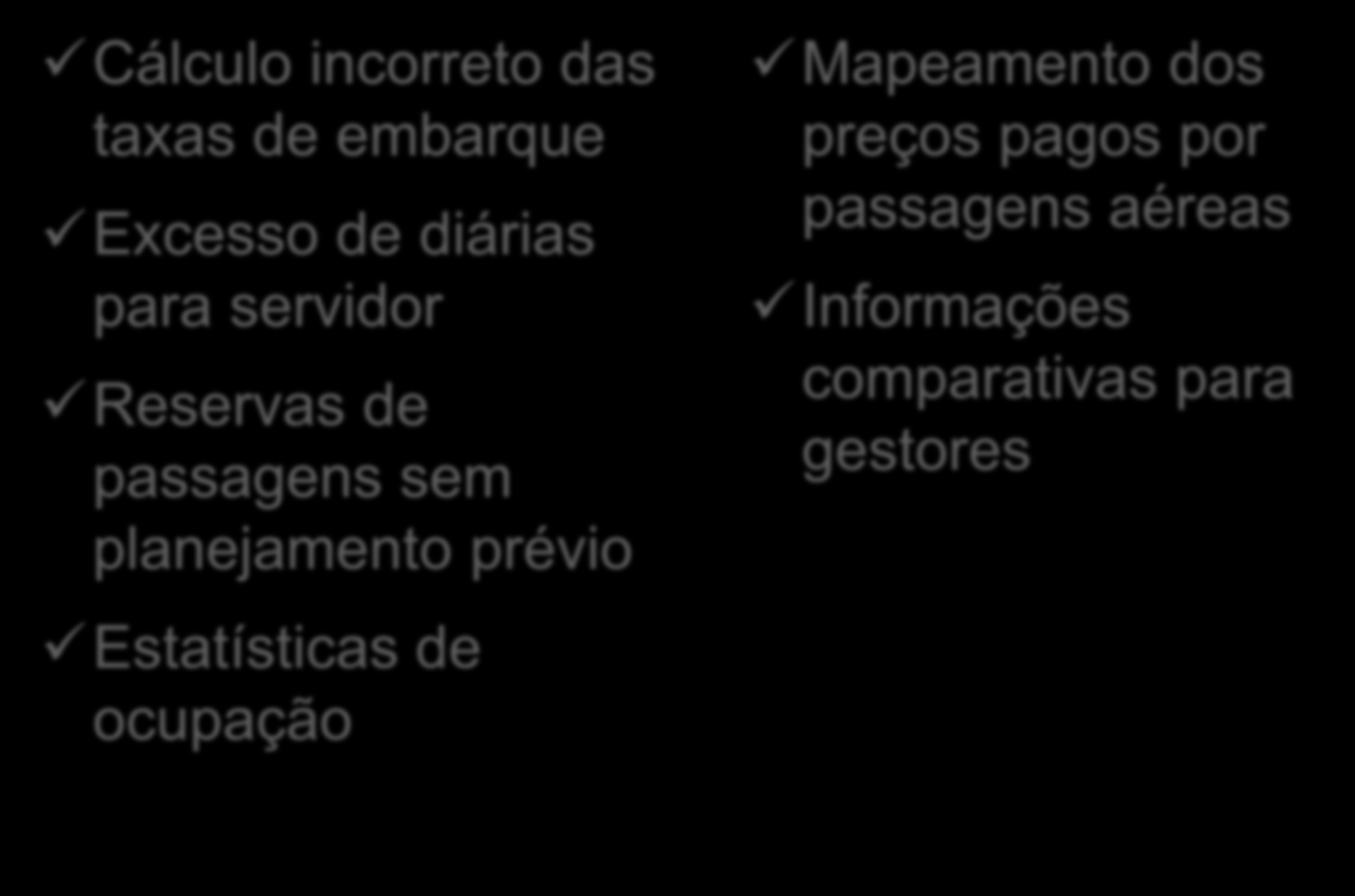 Diárias e Passagens Cálculo incorreto das taxas de embarque Excesso de diárias para servidor Reservas de passagens sem