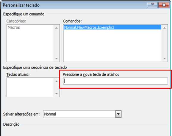 Na lista Comandos selecione a macro que está sendo gravada (Normal.