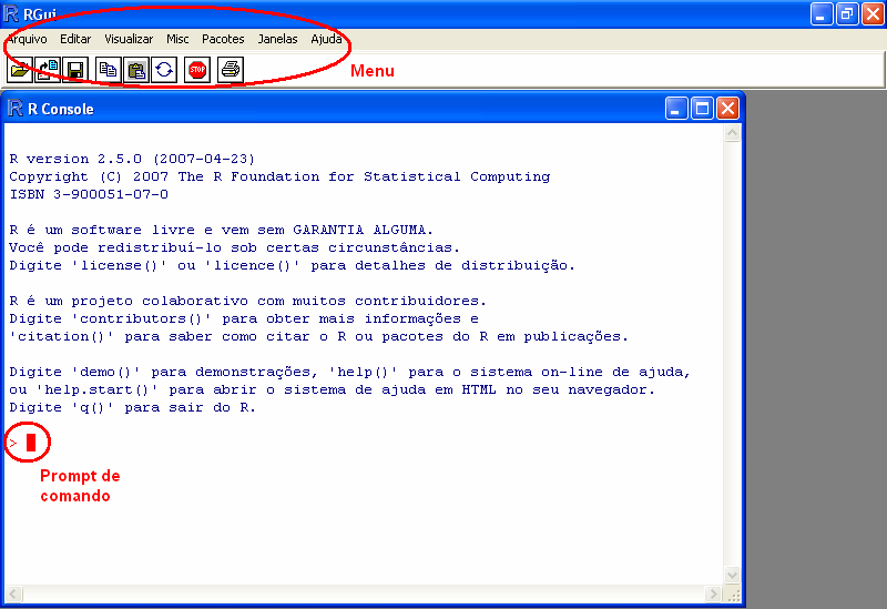 1. Tela Principal do R Como pode-se observar (Figura 1), a tela principal do R é bastante simples, cuja utilização é feita através de comandos sobre os objetos (bancos de dados ou resultados gerados