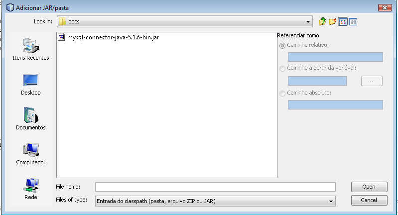 A partir de agora vamos colocar o aplicativo para conversar com o banco de dados MySql através do driver mysql-connector-java-5.1.6-bin.jar.