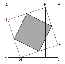 7. (2005 - N2Q4-2 a fase) O quadrado ABCD da figura está dividido em 16 quadradinhos iguais. O quadrado sombreado tem os vértices sobre os pontos médios do quadrado EF GH.