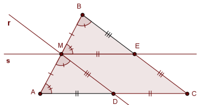 c. Tendo em conta a alínea anterior, (comprimentos de lados que se opõem a ângulos iguais em triângulos iguais). Como, podemos concluir que, ou seja, é o ponto médio de.