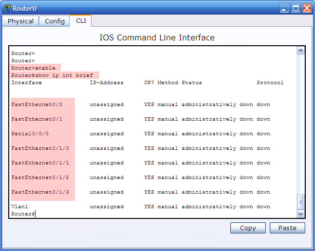 Vamos agora entrar em modo privilegiado. Digite enable na linha de comando. Em seguida digite o comando show ip int brief.