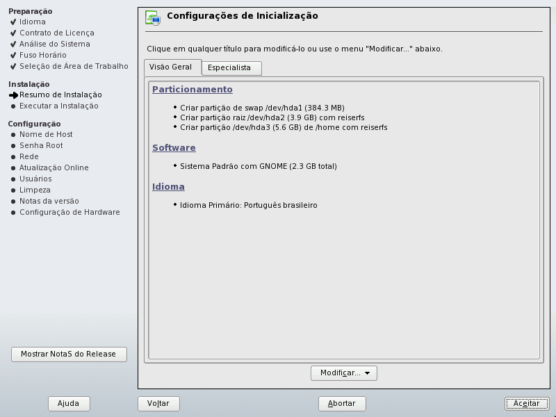 Resumo da instalação A aba Especialista