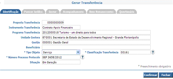 3.1 Aba Identificação Tela 31 Alguns campos já estarão preenchidos com informações da Proposta. Tipo Objeto: nesse campo deve ser informada a classificação do objeto da Proposta.