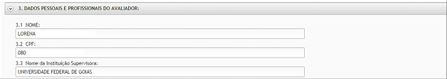 O item 3 DADOS PESSOAIS E PROFISSIONAIS DO AVALIADOR já está autopreenchido no formulário, sendo necessário apenas conferir esses dados. Confira os dados autopreenchidos.