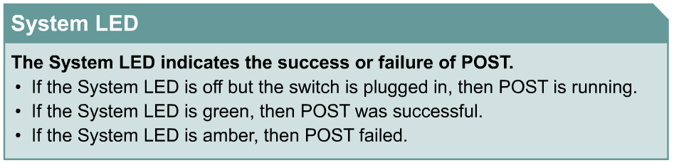 Verificando LEDs das portas Durante o Switch POST Uma vez que o cabo de alimentação está ligado, o switch inicia uma série de testes chamado de power-on Self Test (POST).