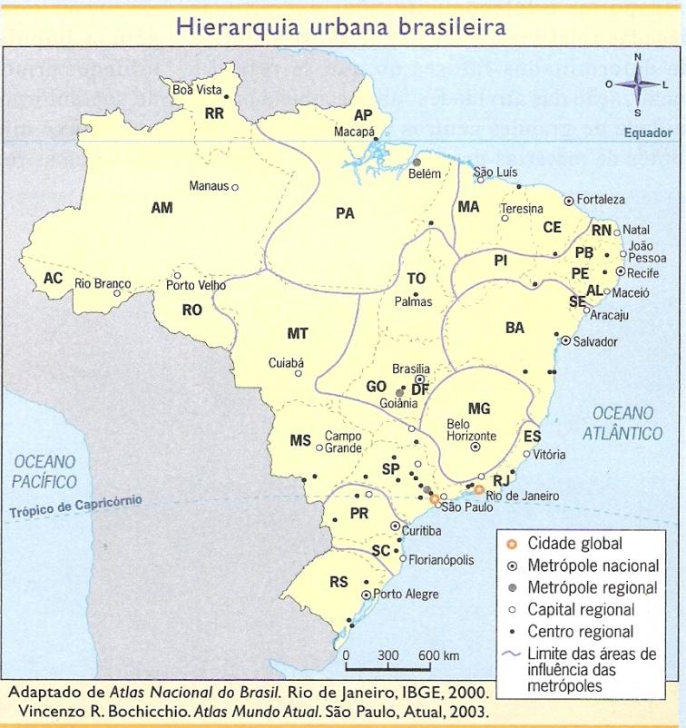 A hierarquia urbana brasileira É uma for de classificar as cidades de acordo com seu grau de influência; Leva-se em consideração os bens e serviços oferecidos à população; Os contrastes