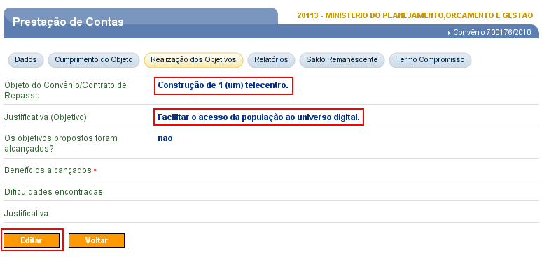 Figura 13 Após clicar no botão Editar, o sistema